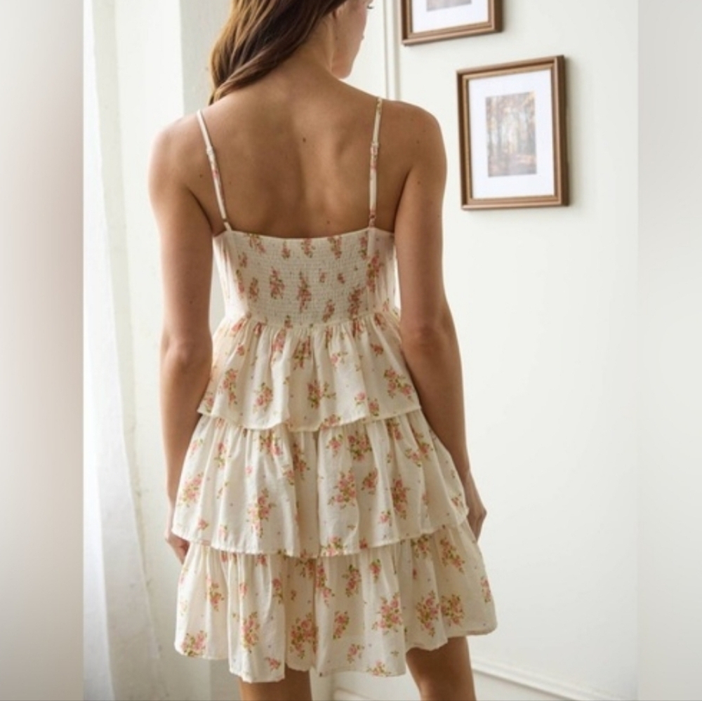 Blu Pepper Cream Spaghetti-Strap Tiered Dress with Pink Floral Print Women's Med - Picture 2 of 4